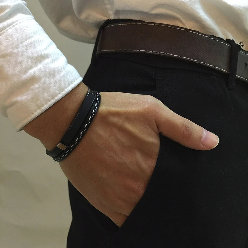 Vnox Unique Sew Lines Genuine Leather Bracelets for Men Women Stainless Steel Bar Layered Bangle Causal Pulseira - Madeinsea©