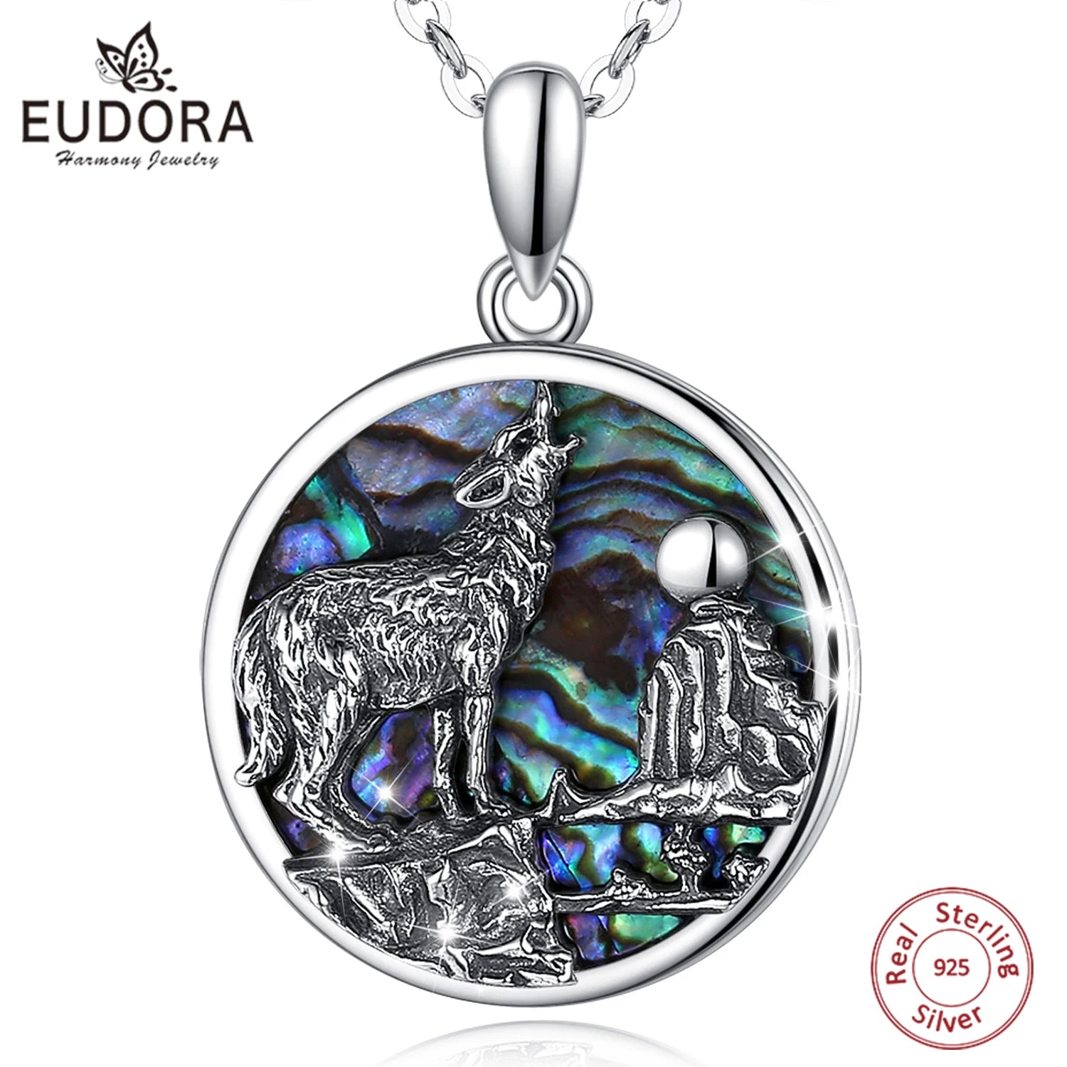 Collier pendentif loup en argent sterling 925 Eudora, coquillage d'ormeau, mère huître, bleu, coloré, fin, bijoux mbd023