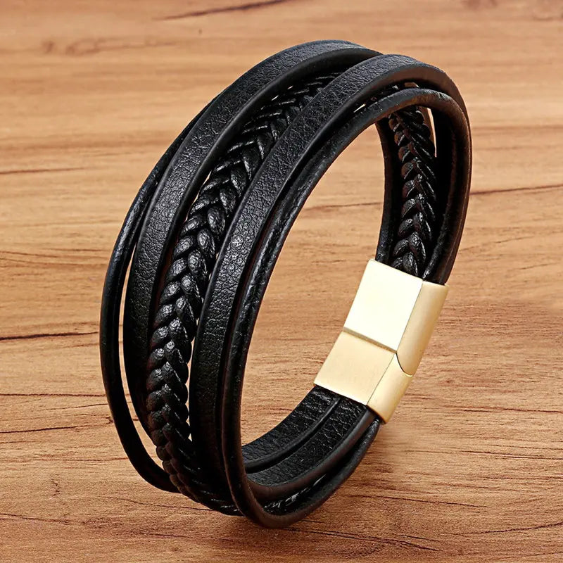 TYO Fashion Stainless Steel Charm Magnetic Black Men Bracelet Leather Genuine Braided Punk Rock Bangles Jewelry Accessories - Madeinsea©