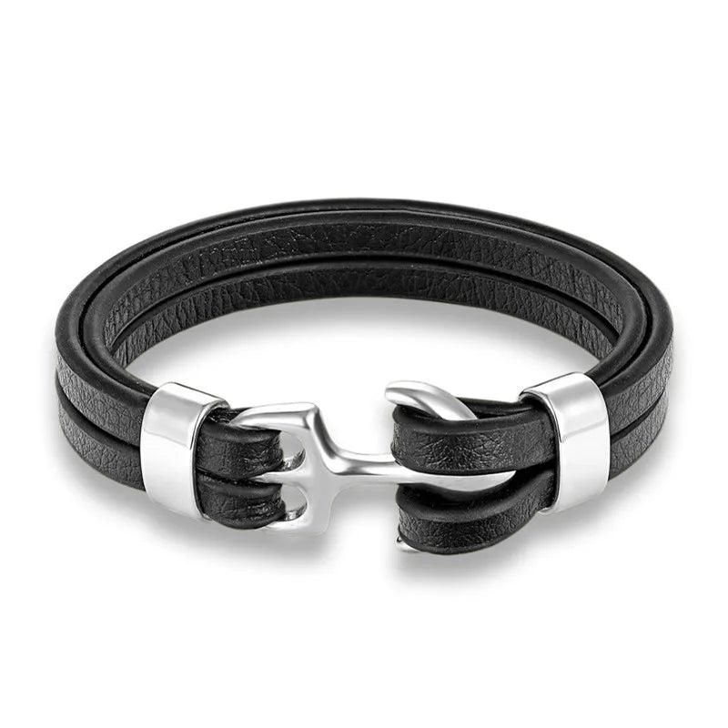 YIZIZAI Genuine Leather Anchor Bracelet Men Lion Double Wolf Shackles Stainless Steel Charm Bracelets Wristband Fashion Jewelry - Madeinsea©