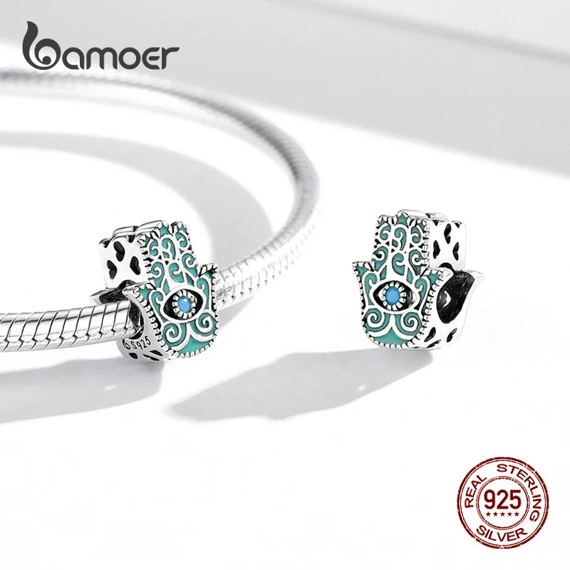 BAMOER 925 Sterling Silver Hand of Fatima Pendant Hamsa Hand Green Guard Hand Charm fit Original Bracelet Women DIY Fine Jewelry