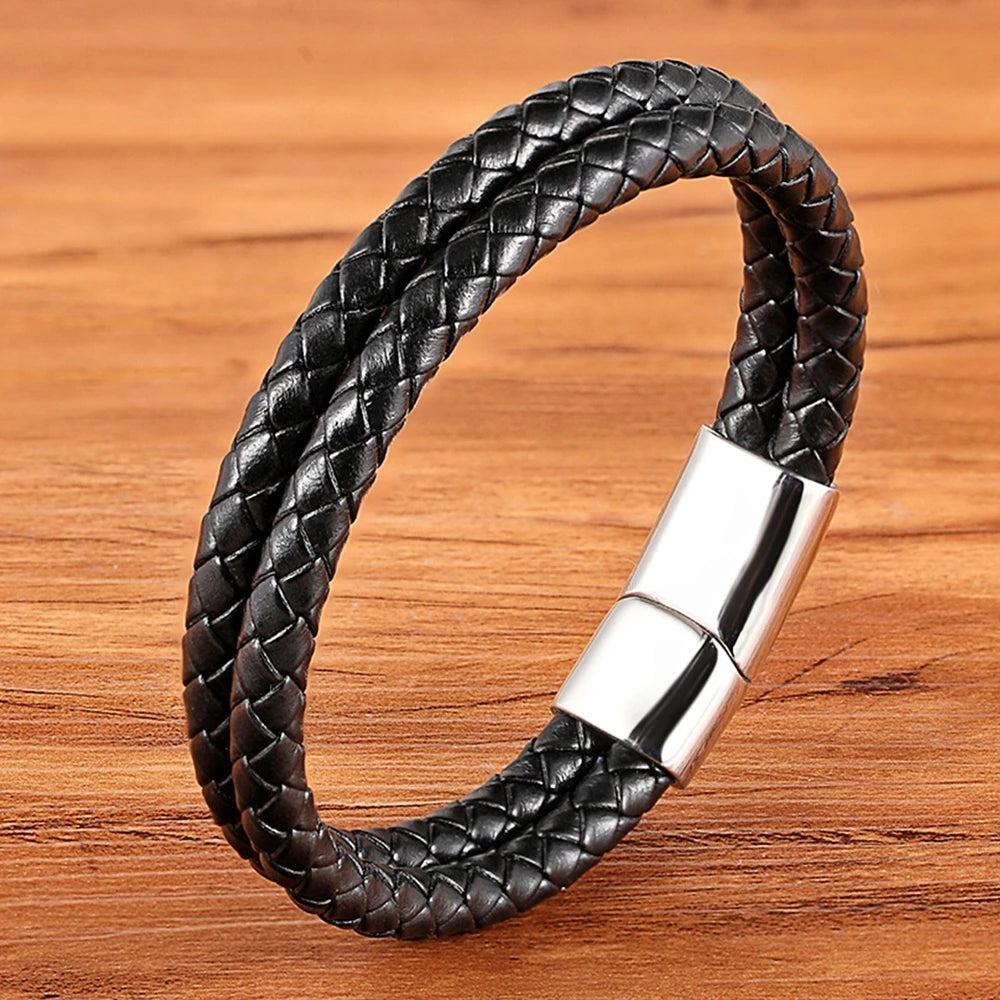 TYO Braided Rope Wrap Leather Bracelets For Men Bangles Fashion Male Women Charm Stainless Steel Clasp Jewelry DIY Customization