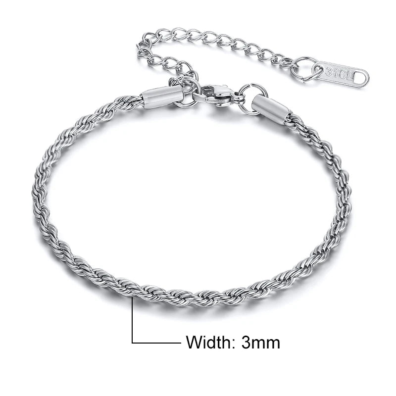Vnox Unisex Rope Chain Bracelets for Men Women, Stainless Steel Twisted Links Chain Bracelet,Simple Classic Jewelry Gift for Him - Madeinsea©