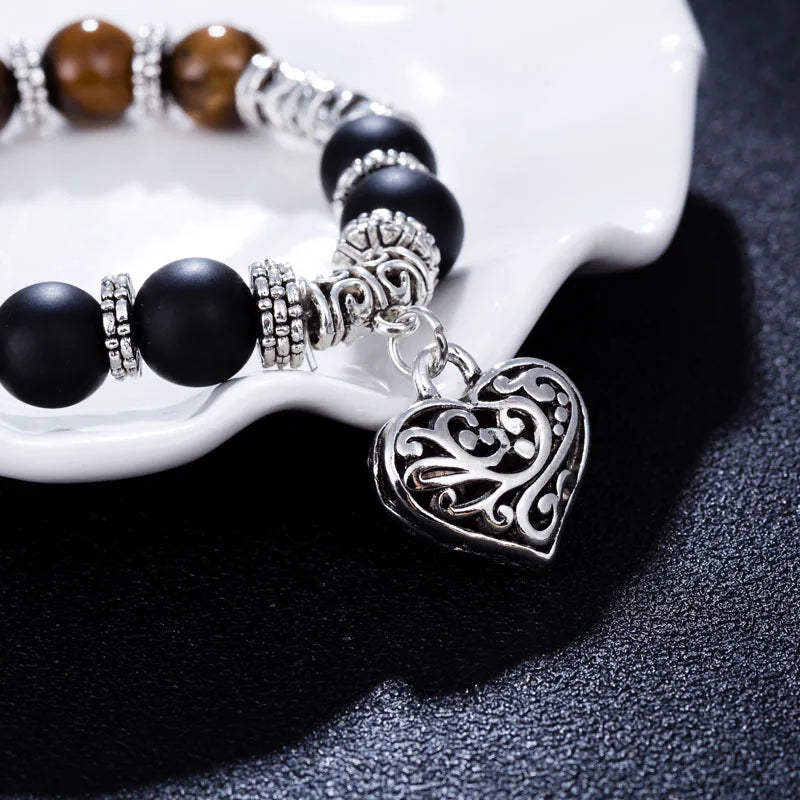 Hot Sale Men Women 10mm Bracelets 7 Chakra Healing Balance Beads Heart Charm Bracelet For Female Reiki Prayer Stones Jewelry