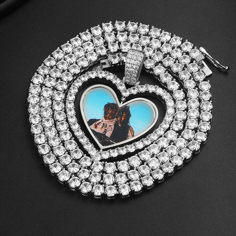 Collier pendentif cœur double face personnalisé pour homme, style hip-hop, pendentif en zircone serti de diamants, médaillon souvenir photo personnalisé