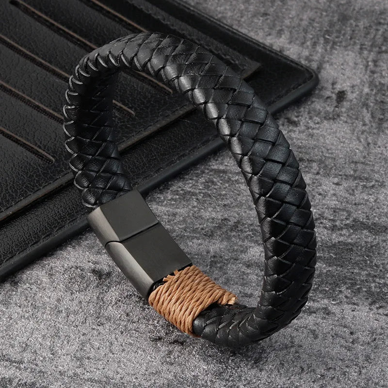 Bracelet MKENDN vintage en cuir noir, style punk, fermoir magnétique en acier inoxydable, jonc tressé, bijou tendance pour homme, cadeau idéal pour une soirée