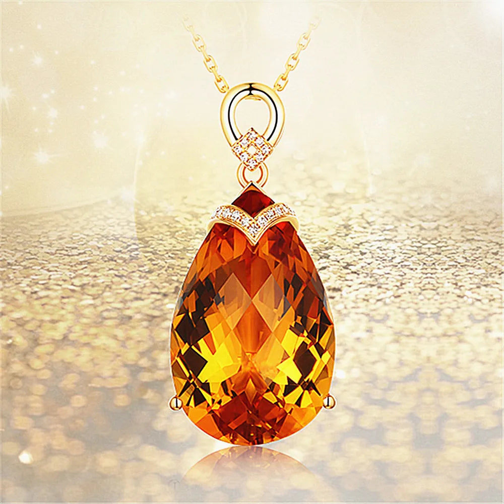 Luxury big carats water drop crystal citrine gemstones diamonds pendant necklaces for women 14k gold color jewelry bijoux gifts - Madeinsea©