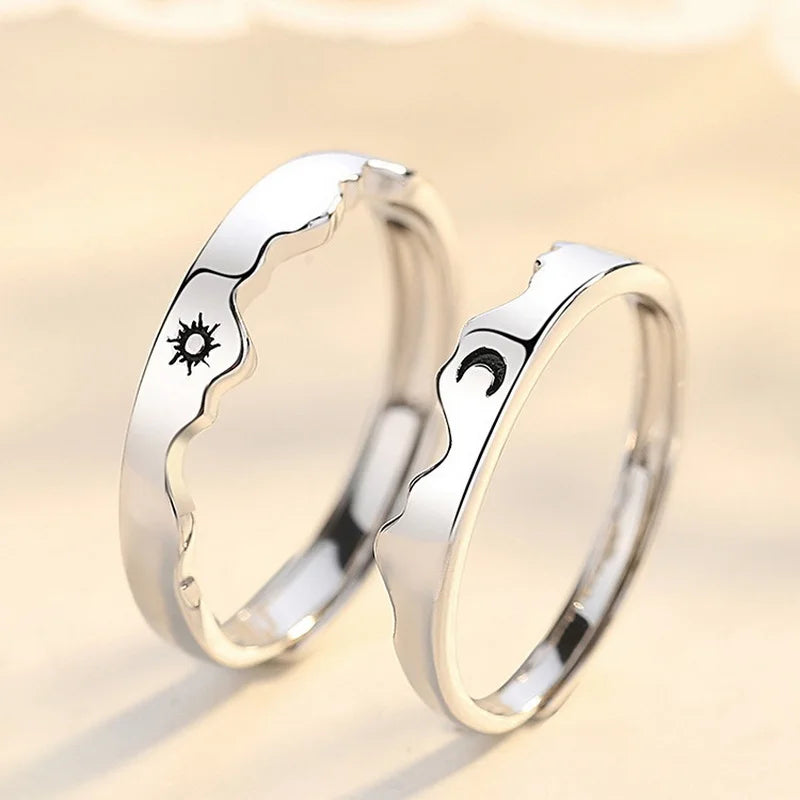 2 Pcs Sun Moon Lover Couple Rings Simple Opening Ring For Couple Men Women Wedding Engagement Promise Valentine's Day Jewelry