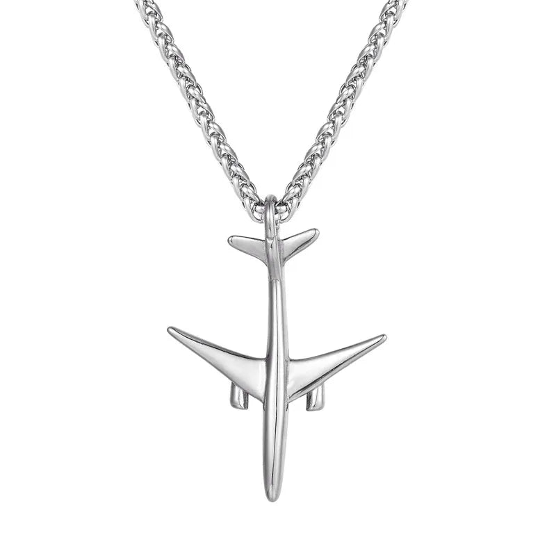 Wholesale 4 Styles Airplane Pendant Necklace For Men Silver Color Stainless Steel Box Link Chain Peace Aircraft Necklace Gifts