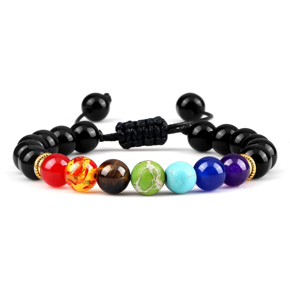 2Pcs Natural Stone 7 Chakra Healing Beaded Adjustable Braided Bracelets Men 8mm Lava Stretch Bracelet Women Reiki Buddha Jewelry
