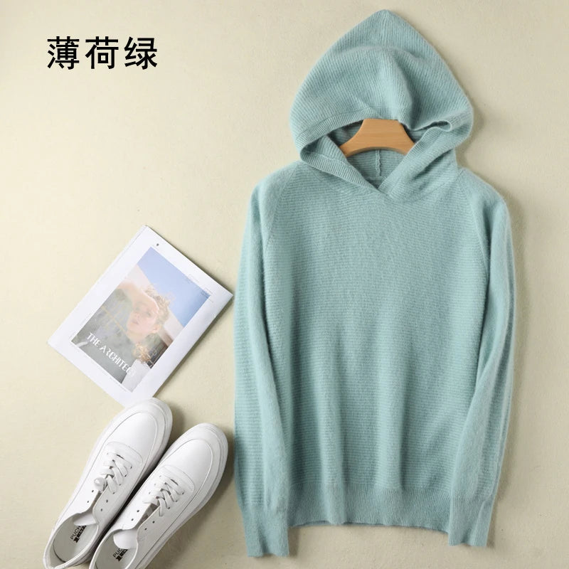 2025 Spring Winter 100%Pure Mink Cashmere Sweater Women Knitted Hooded Warm Lady's Grade Up Jumpers and Pullovers Soft Warm Tops