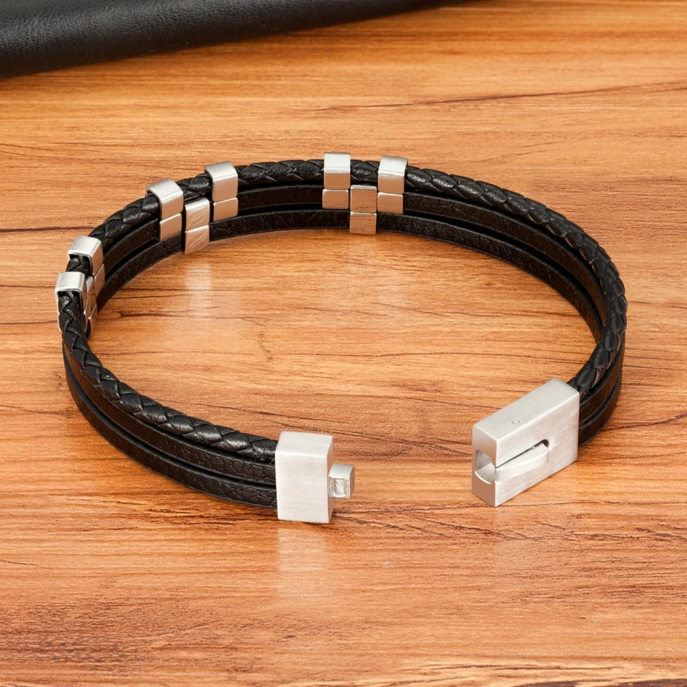 TYO Braided Rope Wrap Leather Bracelets For Men Bangles Fashion Male Women Charm Stainless Steel Clasp Jewelry DIY Customization