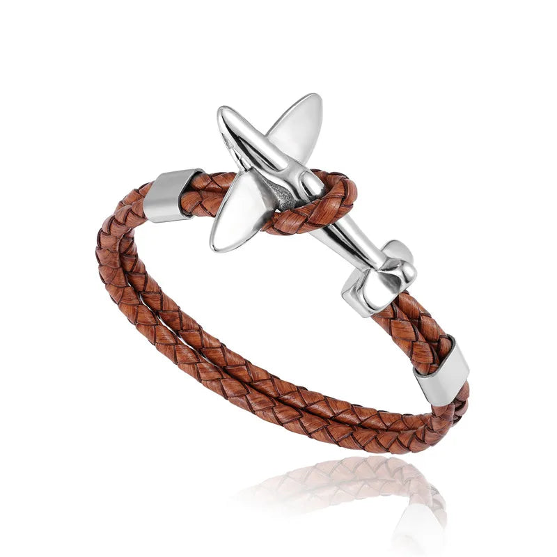 MKENDN Titanium Stainless Steel Airplane Anchor Bracelets Men Multilayer Braid Genuine Leather Bracelet Women Friendship Gifts