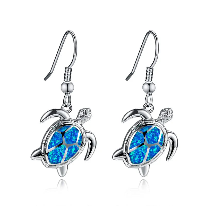 Cute Women Sea Turtle Long Drop Earrings Wedding Jewelry Accessories Fashion Blue Imitation Opal Pendant Earrings for Women