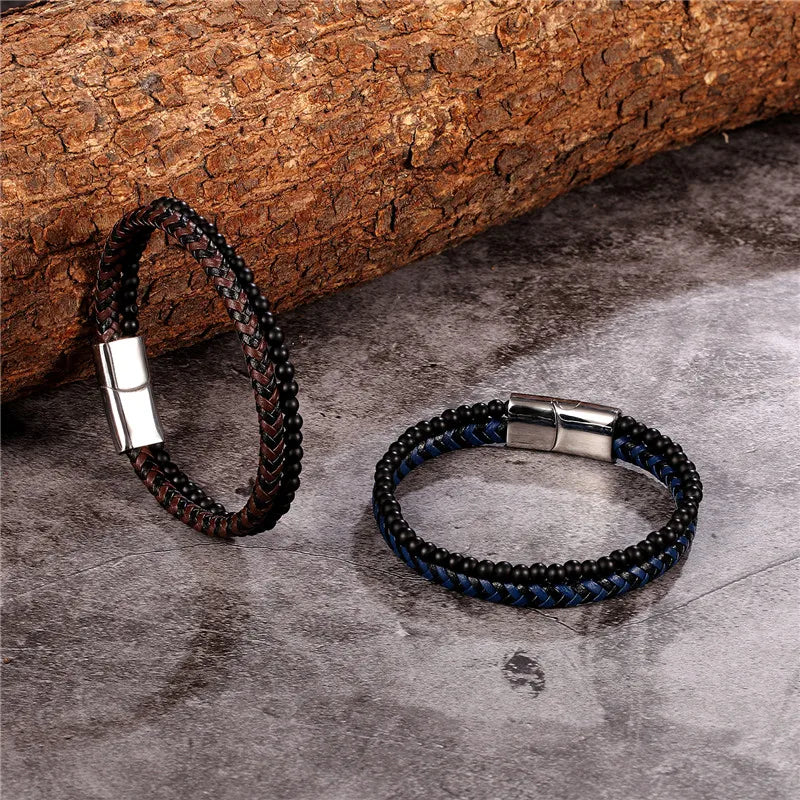 MKENDN Multicolor Natural Stone Classic Stainless Steel Men's Leather Bracelet 19/21/23 cm Choose Handsome Men's Christmas Gift