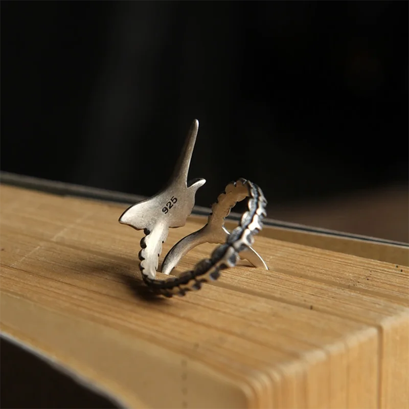 MKENDN Men Women Retro Personality Gothic Old Man And The Sea Marlin Fish Open Ring Genuine 925 Sterling Silver Jewelry