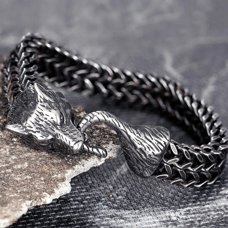 MKENDN Vintage Oxidized Black Punk Rock Viking Wolf Charm Bracelet Men's Stainless Steel Mesh Chain Wolf Bracelets Biker Jewelry