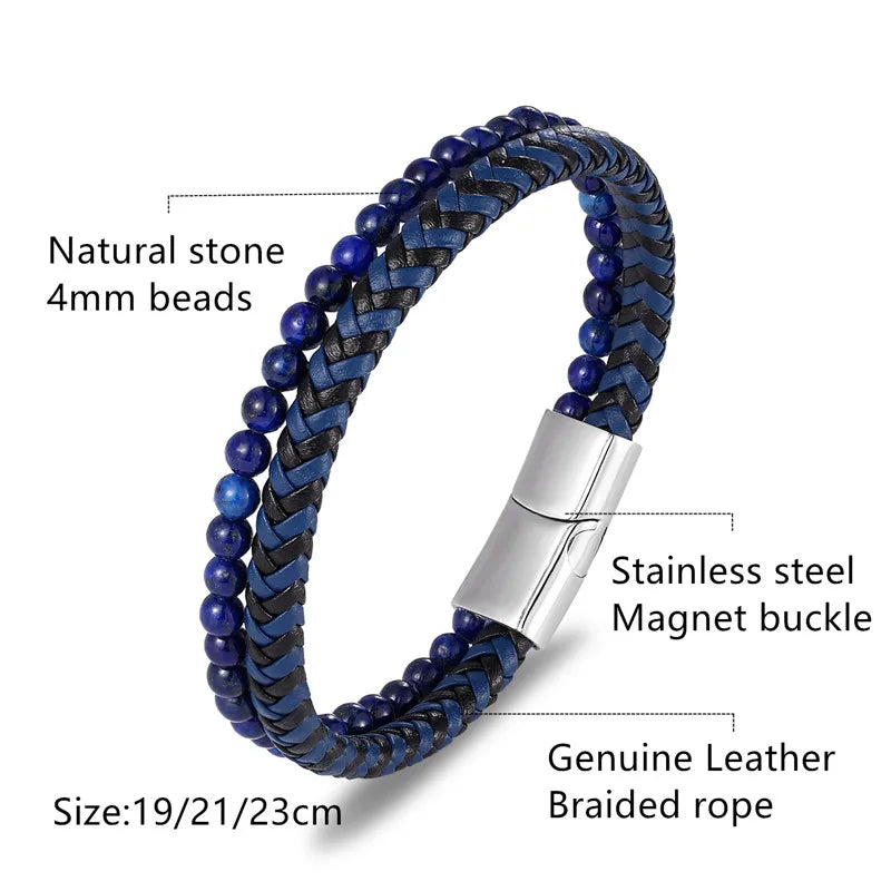 MKENDN Multicolor Natural Stone Classic Stainless Steel Men's Leather Bracelet 19/21/23 cm Choose Handsome Men's Christmas Gift