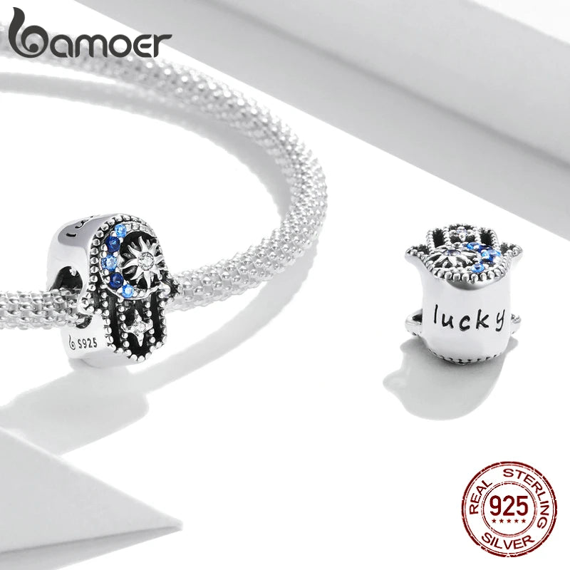 BAMOER 925 Sterling Silver Hand of Fatima Pendant Hamsa Hand Green Guard Hand Charm fit Original Bracelet Women DIY Fine Jewelry