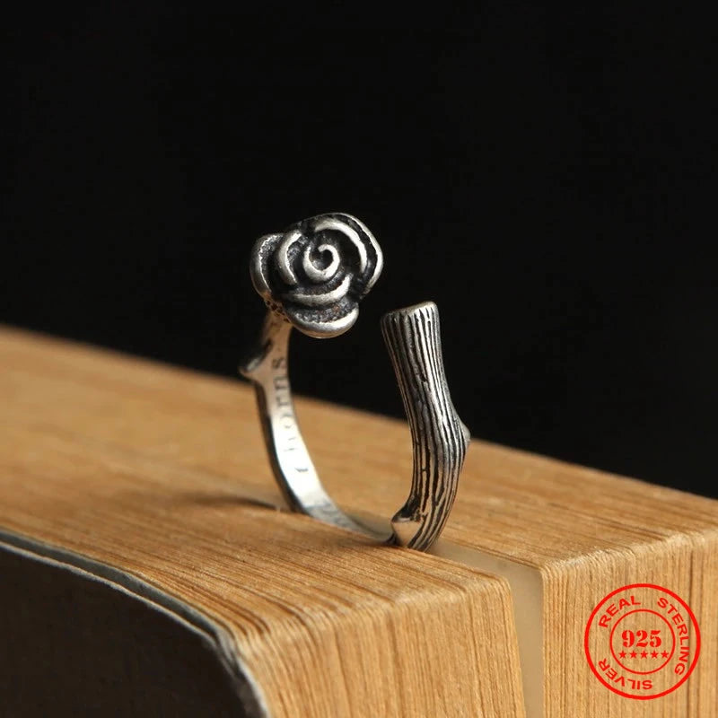 MKENDN 925 Sterling Silber Schmuck Schwarze Rose Hochwertiger Ring mit besonderen Rosenblüten für Damen im Vintage-Retro-Stil