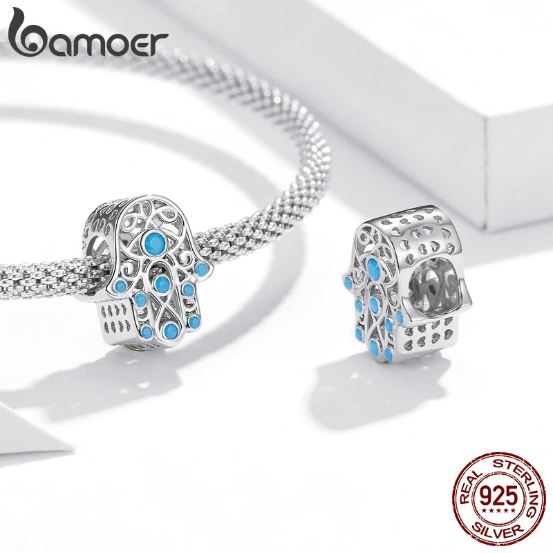 BAMOER 925 Sterling Silver Hand of Fatima Pendant Hamsa Hand Green Guard Hand Charm fit Original Bracelet Women DIY Fine Jewelry