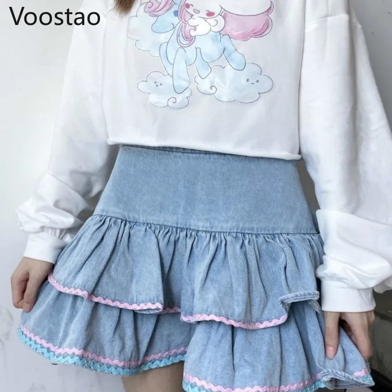 Sweet Lolita Style Mini Skirts Women Harajuku Cute Preppy Style Jk Denim Skirt Japanese Girls Sexy Punk High Waist Tiered Skirt