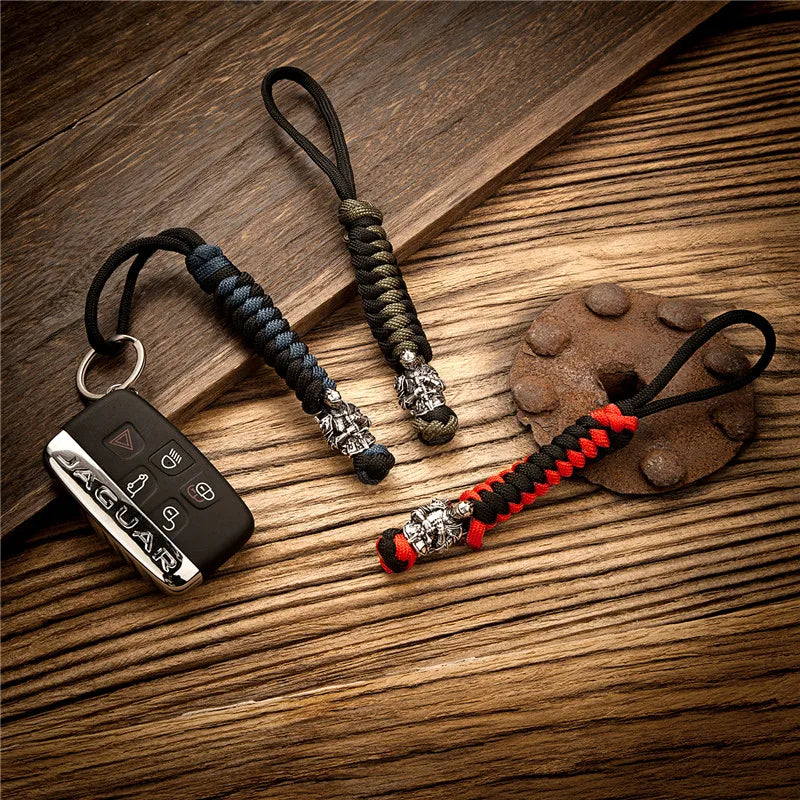 High Quality Vintage Spartan Warrior Metal Keychain Lanyard Handmade Woven Survival Paracord Rope Viking Rune Bead Key Rings