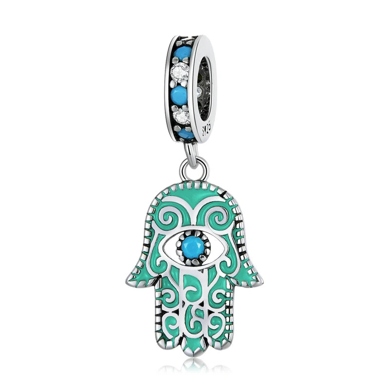 BAMOER 925 Sterling Silver Hand of Fatima Pendant Hamsa Hand Green Guard Hand Charm fit Original Bracelet Women DIY Fine Jewelry