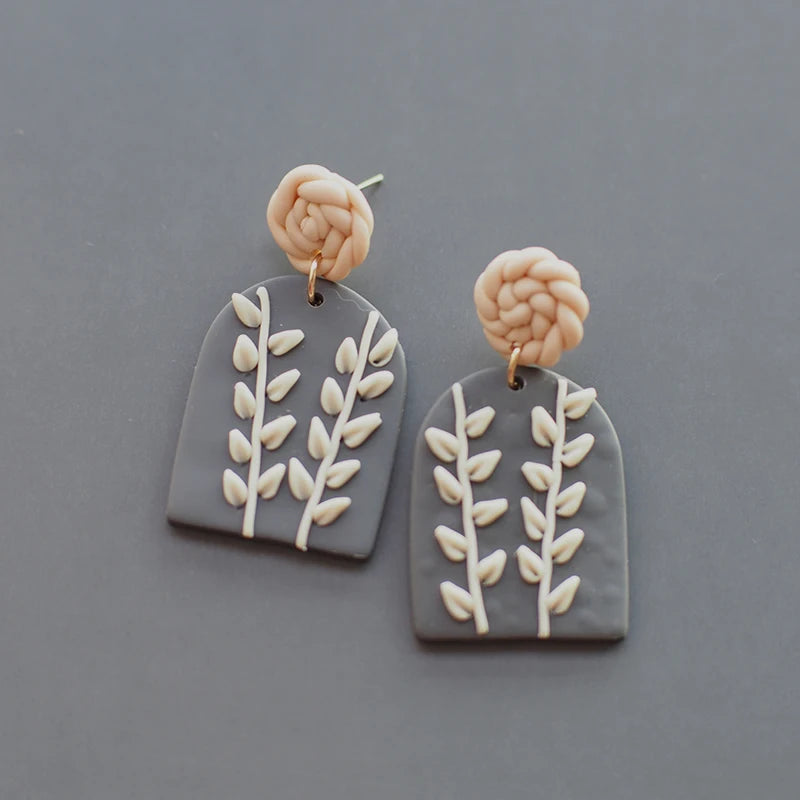 Leaves Heart Earthy Colors Arch Natural Handmade Polymer Clay Braided Pattern Earrings Dangle Sets Women Jewelry Holiday Wear