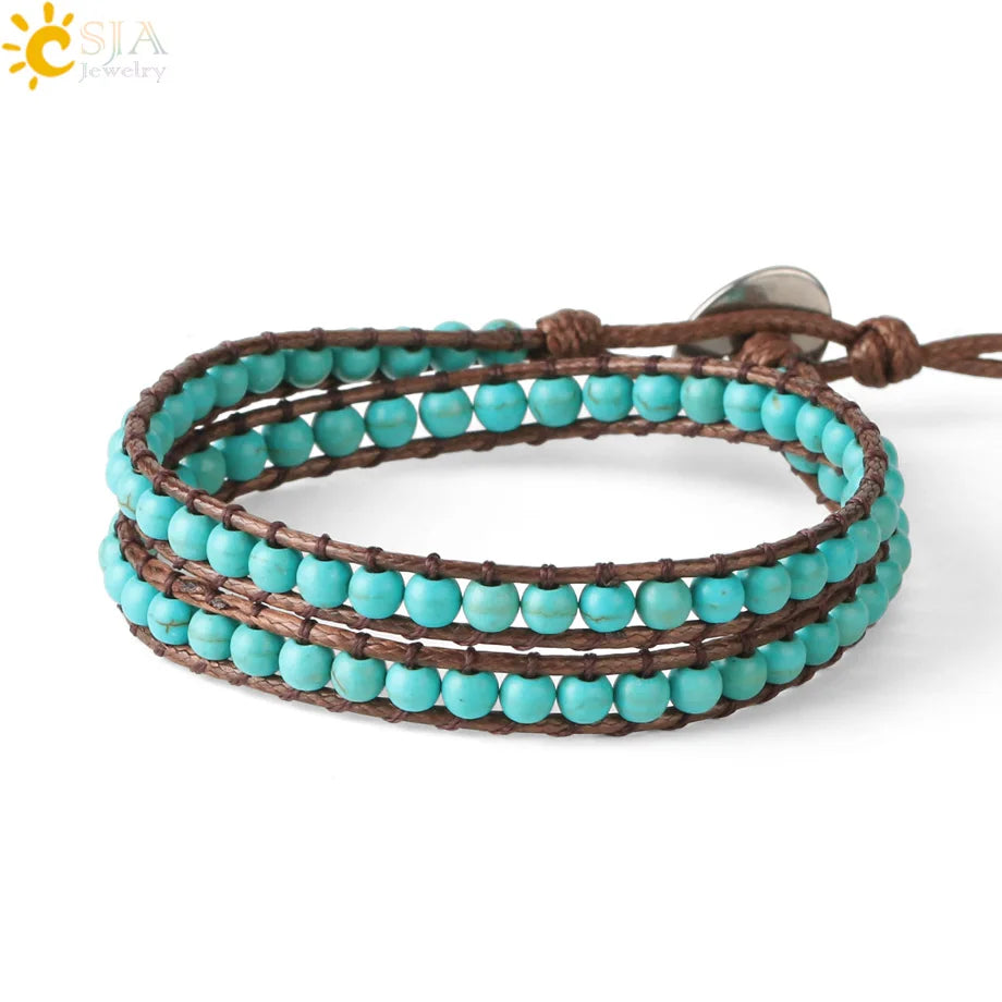 CSJA Turquoise Man Bracelet Bohemian Handmade Braides Bangle Indian Agate Crystal Beaded Double Layer Bracelets Women Homme S625