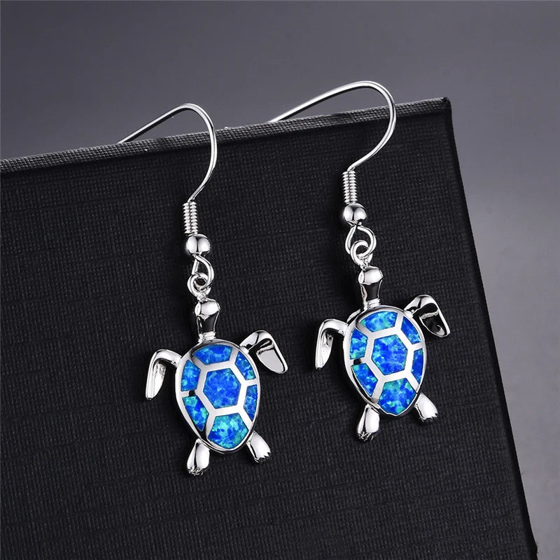 Cute Women Sea Turtle Long Drop Earrings Wedding Jewelry Accessories Fashion Blue Imitation Opal Pendant Earrings for Women
