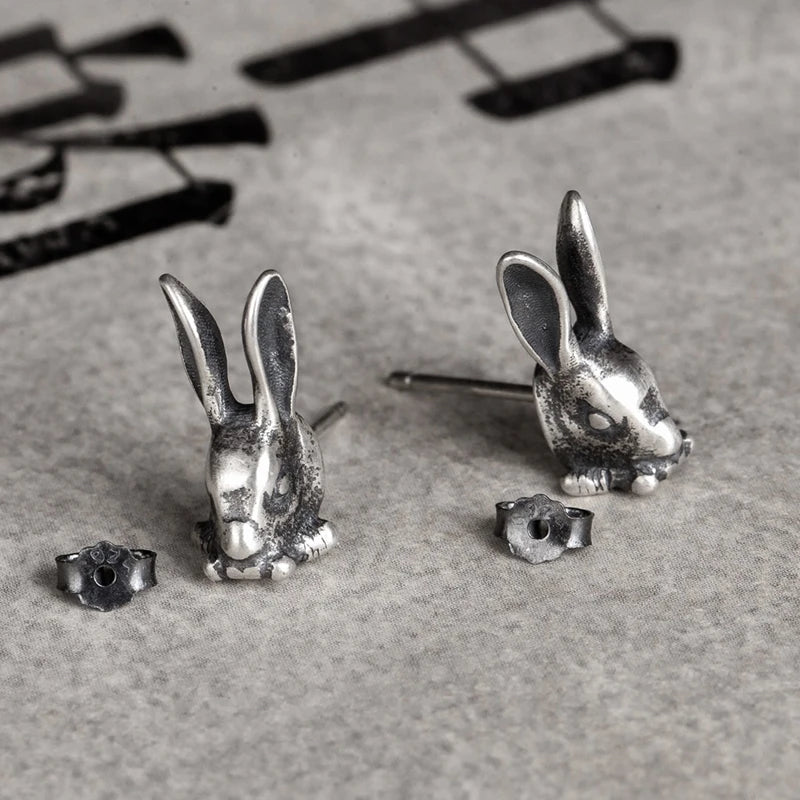 MKENDN Punk Vintage 100% 925 Sterling SIlver Animal Style Rabbit Stud Earring Men Women Gothic Dark Jewelry