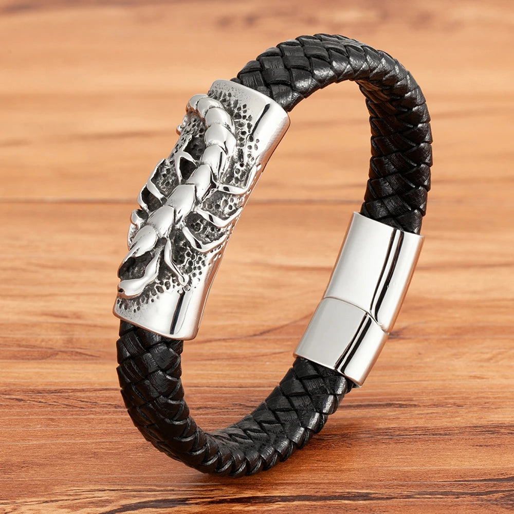 Bracelets et joncs en cuir pour hommes TYO Cool Style, motif crâne, hibou, scorpion et serpent, tressés en acier inoxydable, parfaits pour Halloween