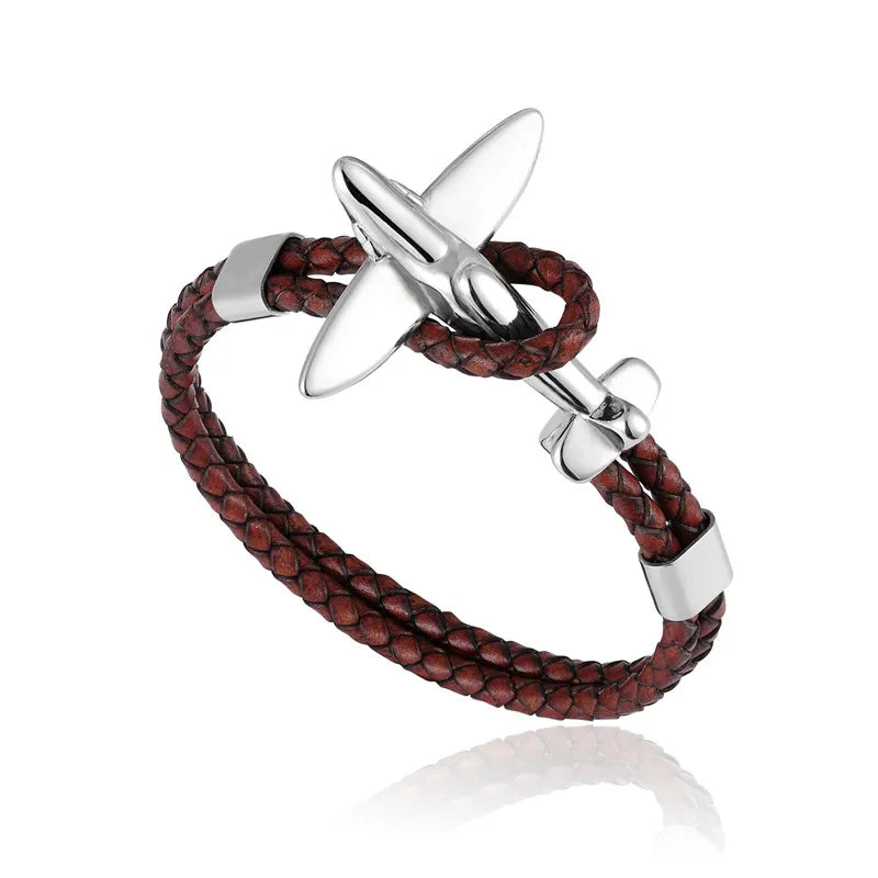 MKENDN Titanium Stainless Steel Airplane Anchor Bracelets Men Multilayer Braid Genuine Leather Bracelet Women Friendship Gifts