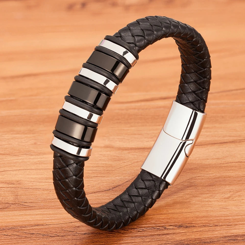 TYO New Fashion Braided Wrap Rope Black Leather Bracelets For Men Simple Stainless Steel Charm Vintage Bangles Jewelry Gift