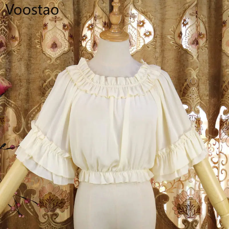 Japanese Style Harajuku Gothic Lolita Shirts Girly Cute Ruffles Short/Long Sleeve Tops Elegant Women Sweet Solid Chiffon Blouses