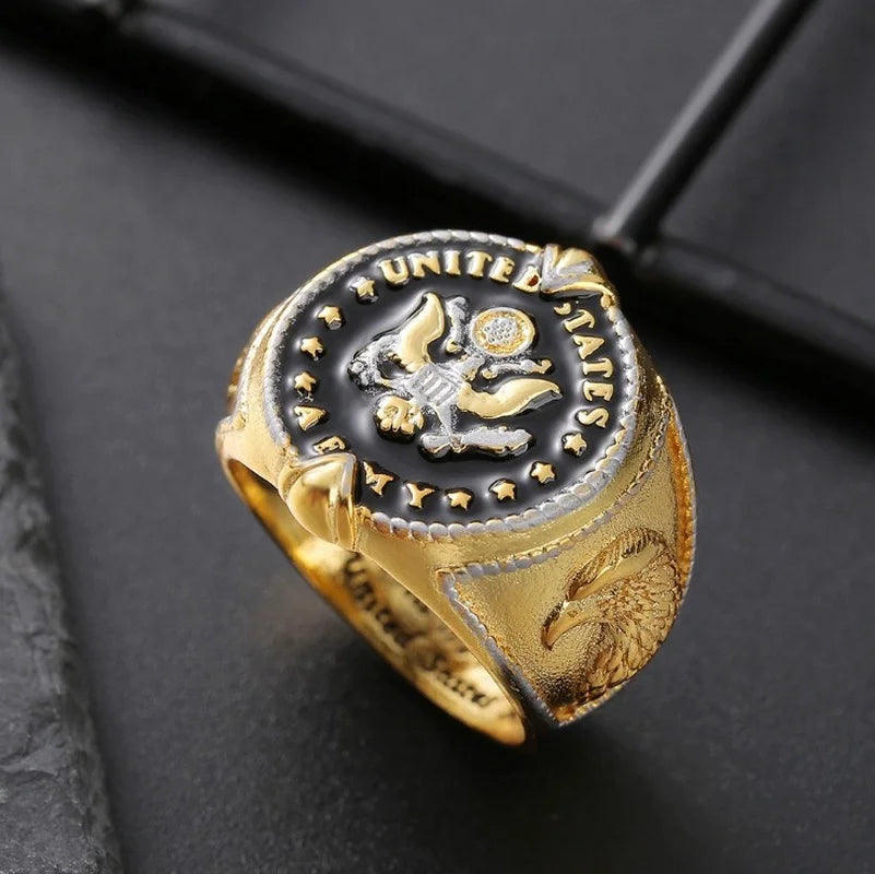 2024 Trend US Federal Army Badge This We'll Defend Two-Tone Men's Ring Cool Stuff Male Ring Gothic Accessories Mens Jewelry