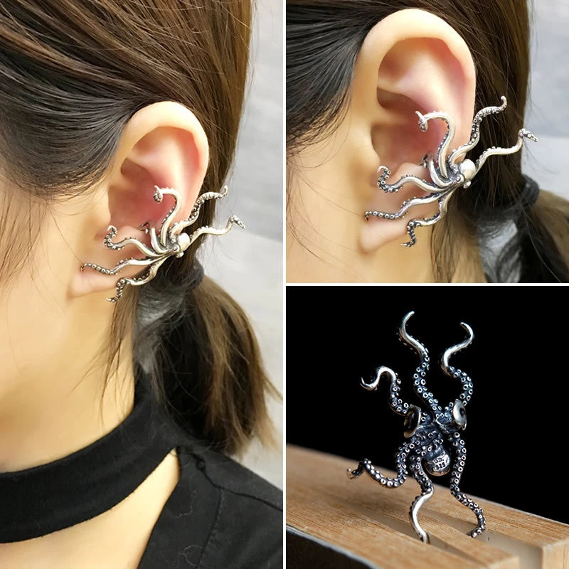 MKENDN Gothic Style S925 Big Octopus Ear Cuffs Vintage Ear Bone Clip Earrings For Women Men No Piercing Fake Cartilage Earrings