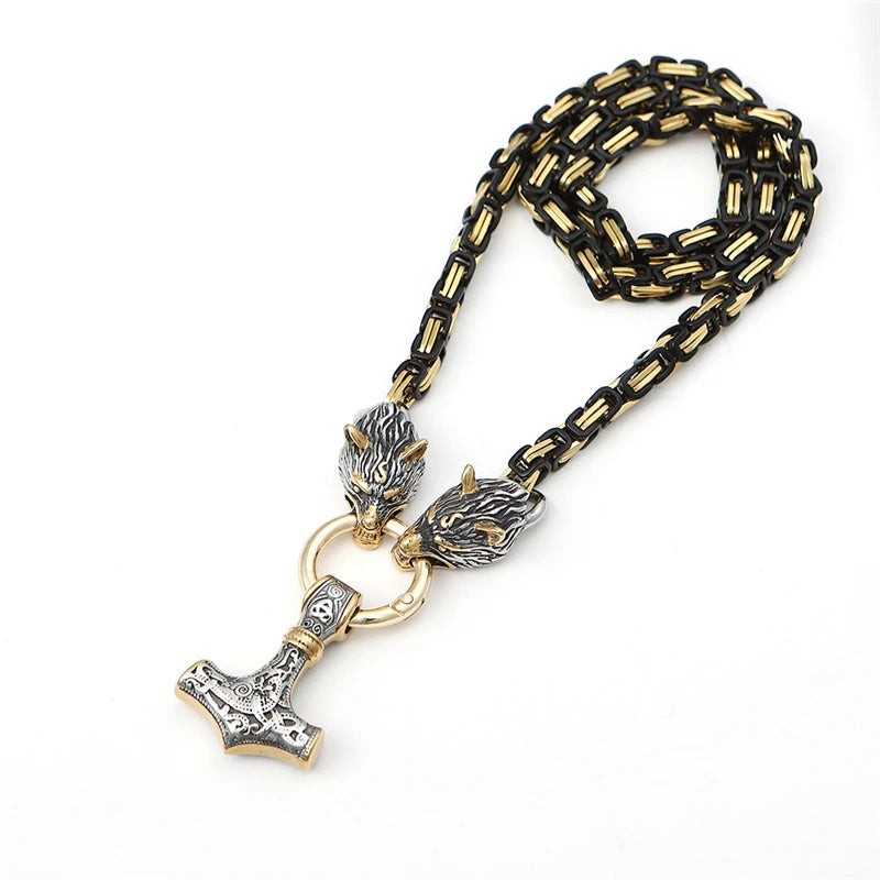 MKENDN Men Stainless Steel Wolf Head Norse Viking Amulet Thor Hammer Pendant necklace Never Fade Black Gold Plated King Chain