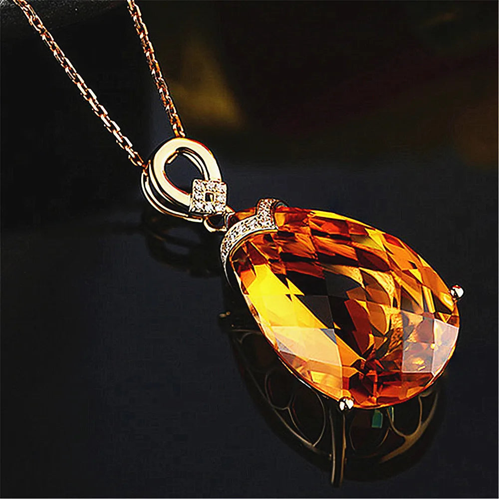 Luxury big carats water drop crystal citrine gemstones diamonds pendant necklaces for women 14k gold color jewelry bijoux gifts - Madeinsea©
