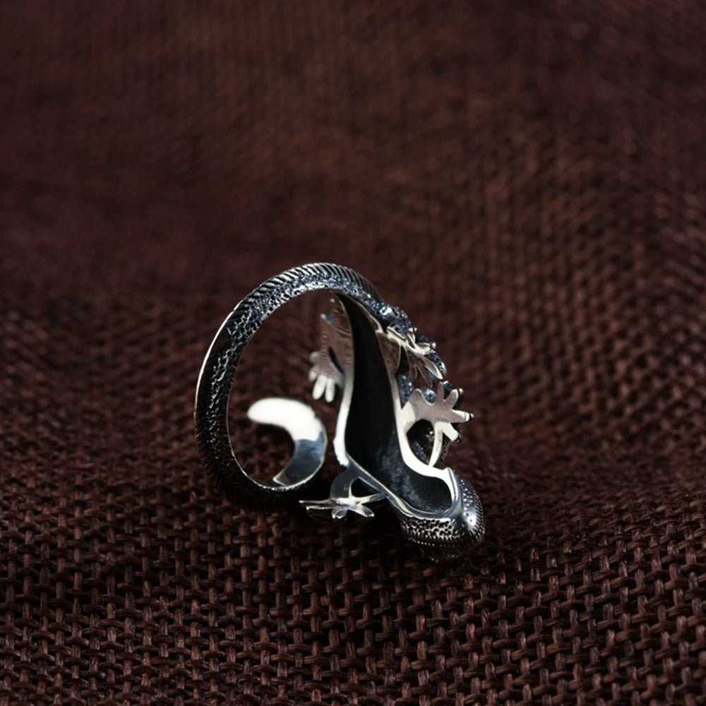MKENDN Vintage Unique 925 Sterling Silver Chameleon Lizard Ring With Red Eyes For Men and Women Gothic Street Rock Punk Jewelry