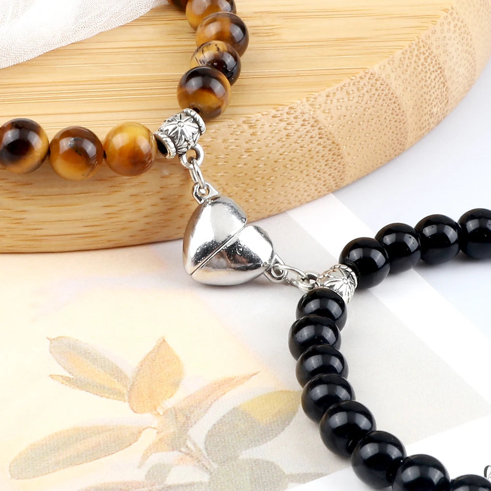 Hot Couple Distance Bracelets 2pcs/set Natural Stone Beads Braided Bracelet Lovers Heart Magnet Adjustable Bangle Friend Jewelry
