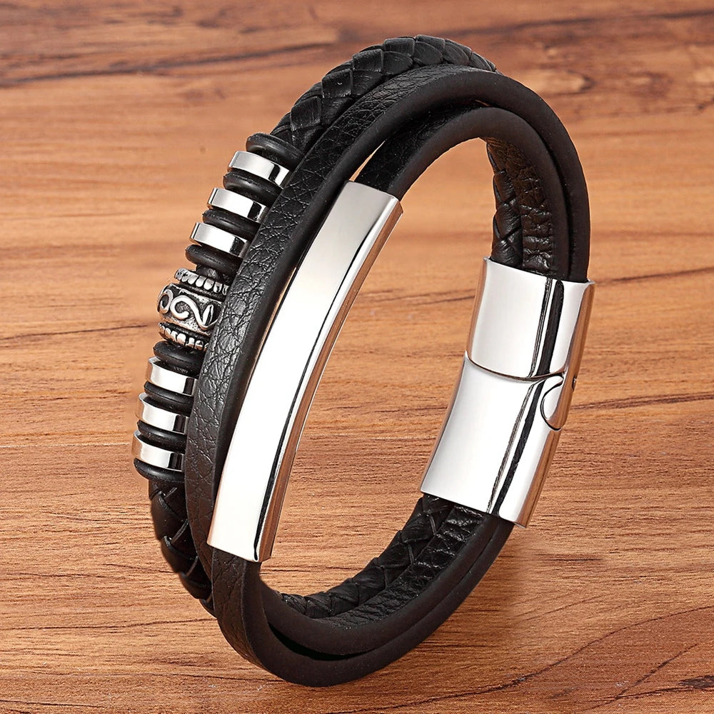 TYO Bracelet for Men Multilayer Genuine Leather Bangles Magnetic Clasp Cowhide Braided Multi Layer Wrap Trendy Bracelet Armband
