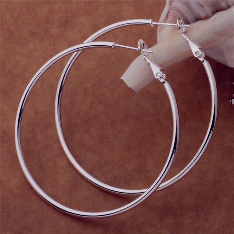 DOTEFFIL 925 Sterling Silver Smooth 50/60/70/80mm Round Circle Hoop Earrings For Women Fashion Charm Engagement Wedding Jewelry