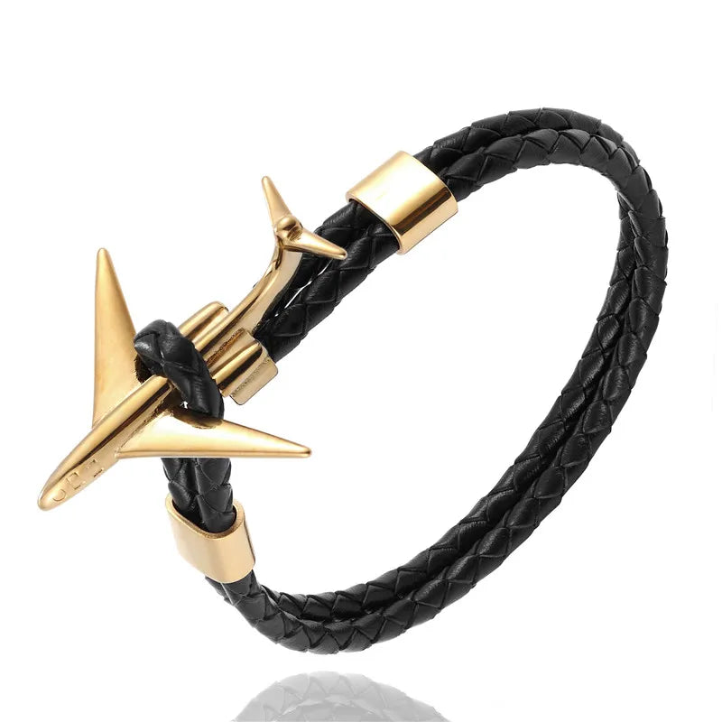 MKENDN Fashion Retro Leather Bracelet Stainless Steel Airplane Anchor Bracelets Men Women Summer Style Wrap Metal Sport Hook