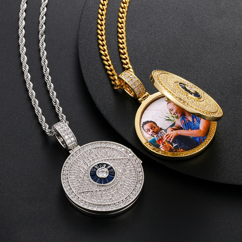 Evil Eye Memory Medallions Customized Photo Pendant Necklace For Men Hip Hop Jewelry & Engraved Pendant Name Memory Gift