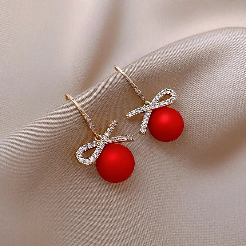 Christmas Red Zircon Crystal Bow Stud Earrings For Women Heart Shape Bowknot Christmas Earring Girl New Year Festival Jewelry