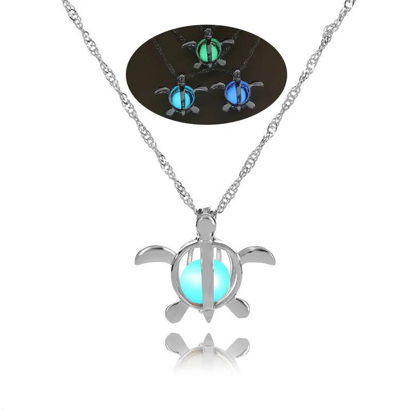 Glow in The Dark Locket necklace For Women Gun skull Heart mermaid Cross tortoise Glowing beads cage pendant Fashion Jewelry