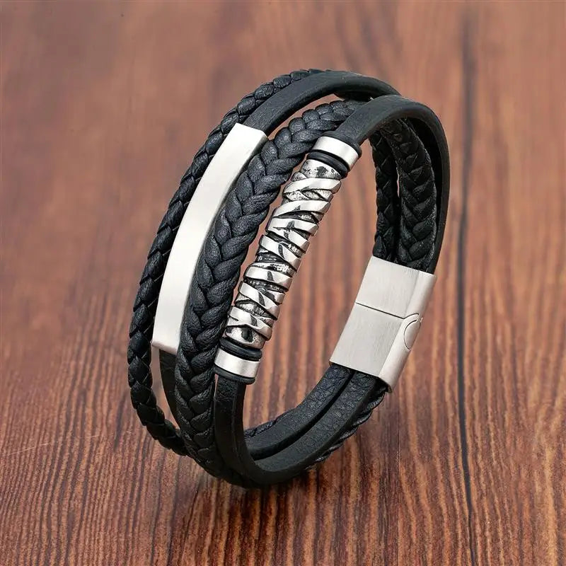 Multilayer Stainless Steel Insert Bracelet Viking Leather Bracelets for Men Punk Jewelry Homme Accessories custom logo