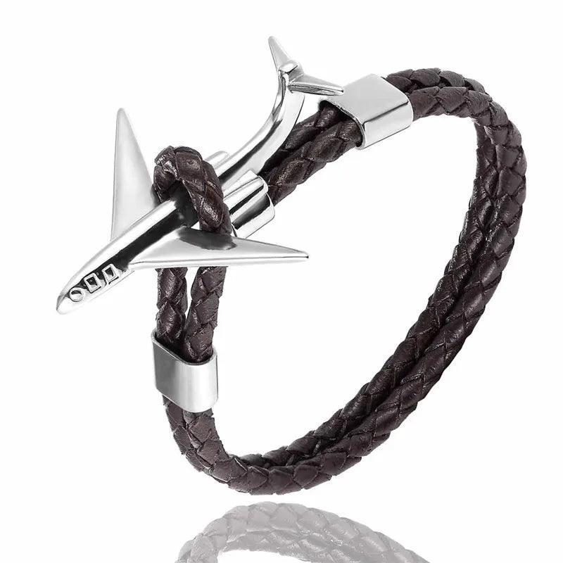 MKENDN Fashion Retro Leather Bracelet Stainless Steel Airplane Anchor Bracelets Men Women Summer Style Wrap Metal Sport Hook